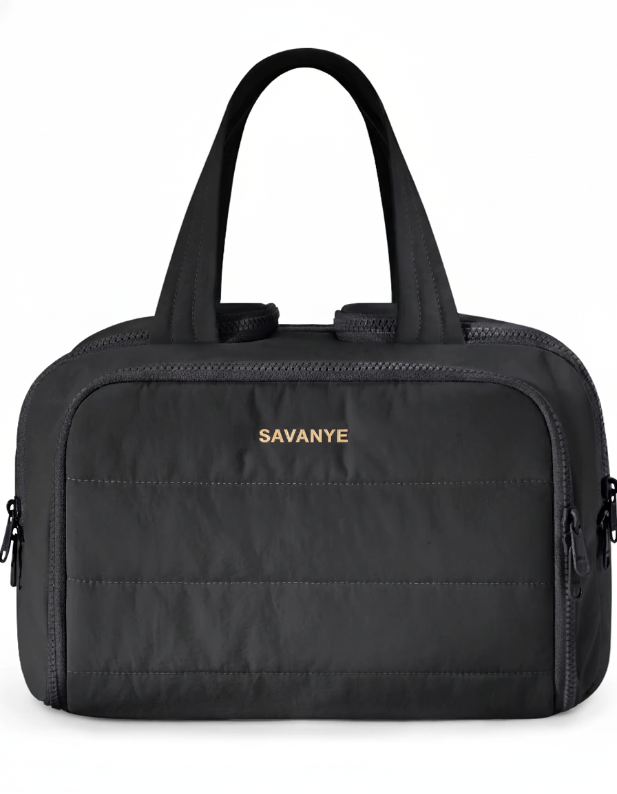 Black handbag with 'Savanye' branding on a white background