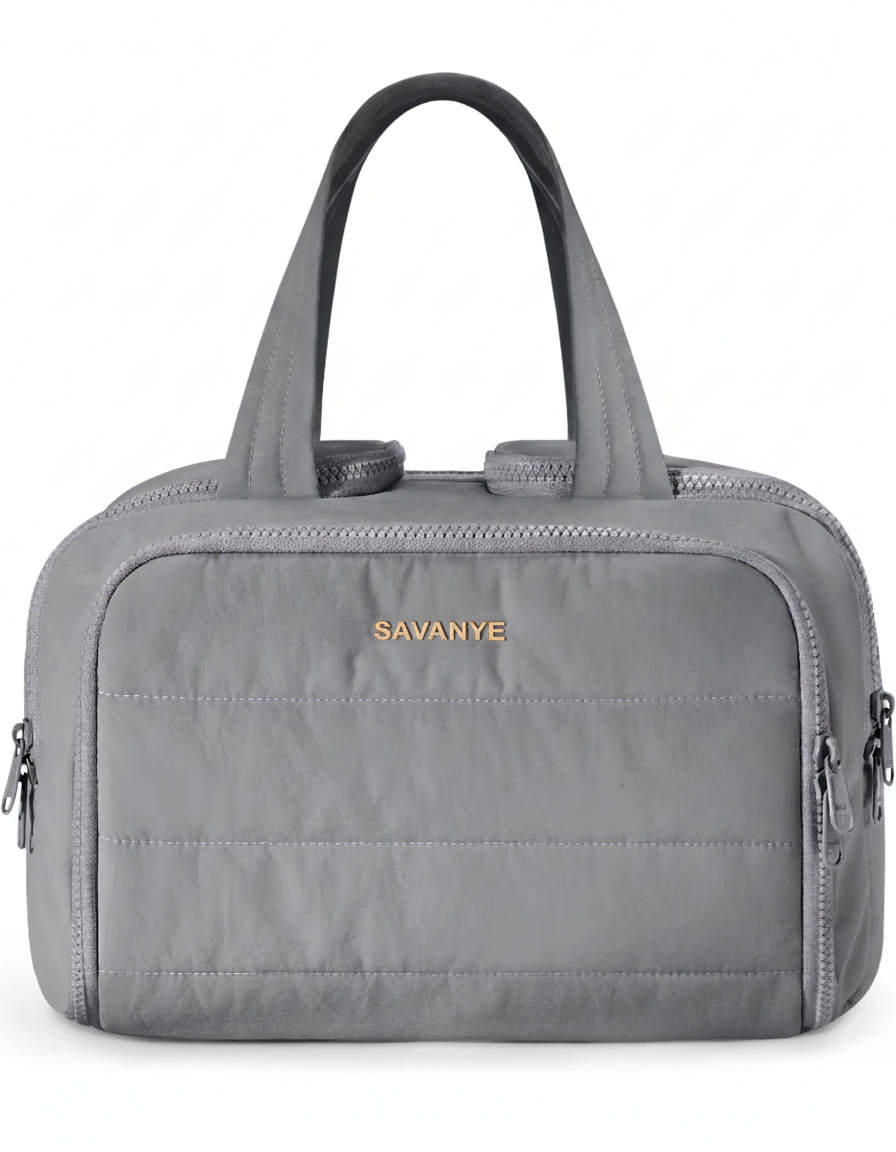 Gray handbag with 'Savane' branding on a white background