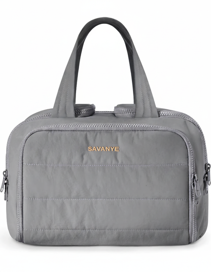 Gray handbag with 'Savane' branding on a white background