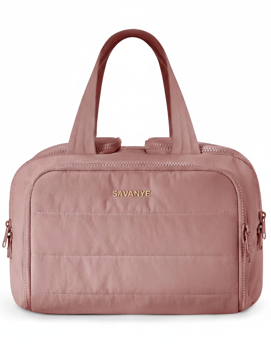 Pink handbag with 'Savanye' branding on a white background